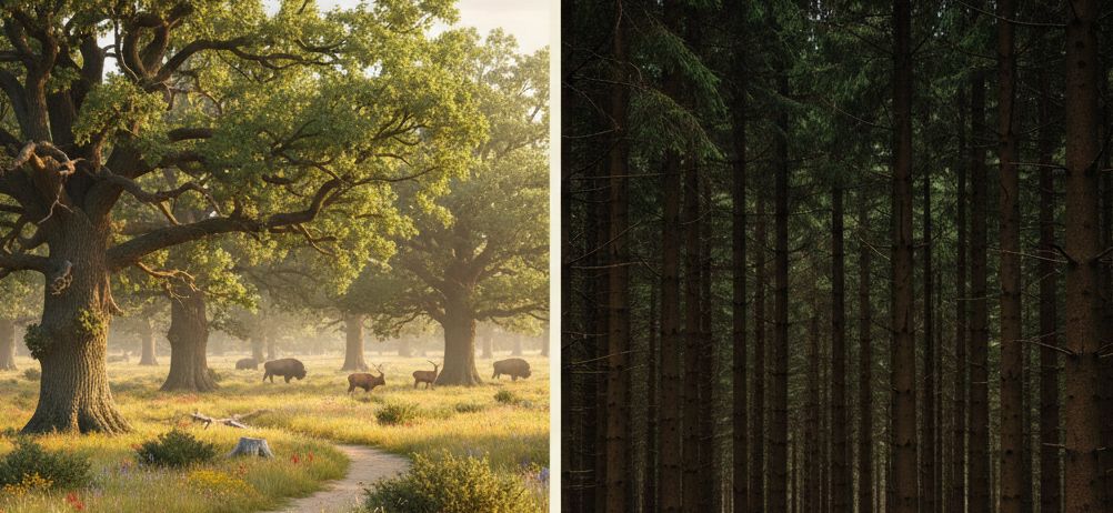 Lichter Wald im Vergleich zu einem dichten Wald